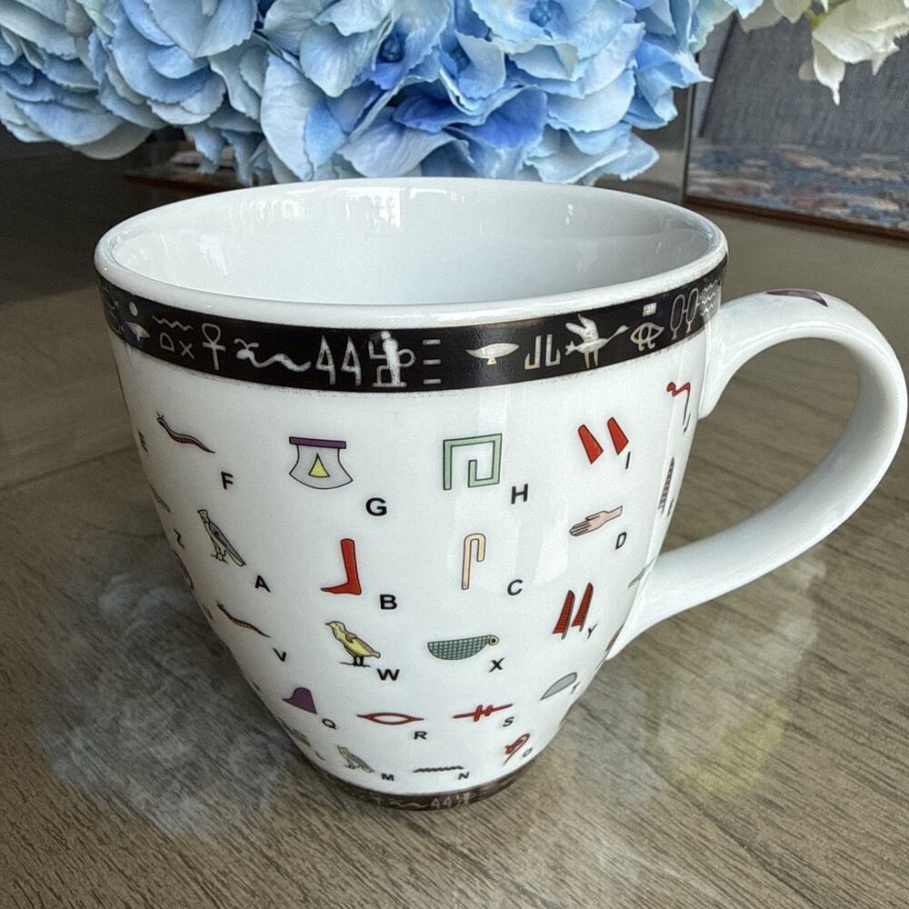 FM FATHI MAHMOUD Limoges Mug Black/Gold Trim Egyptian Hieroglyphs Made in Egypt